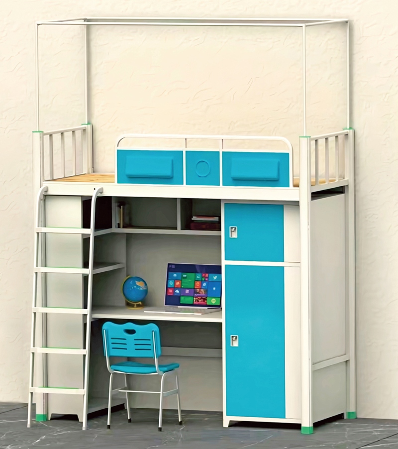 GZC-06 单体单人位公寓床-侧爬梯-钢制床下柜