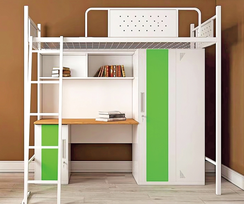 GZC-07 单体单人位公寓床-侧爬梯-钢制床下柜