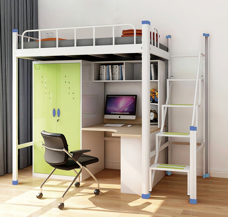 GZC-08 单体单人位公寓床-侧爬梯-钢制床下柜