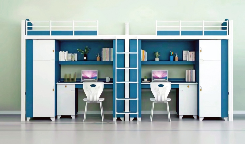 GZC-09 二连体二人位公寓床-侧爬梯-木制床下柜