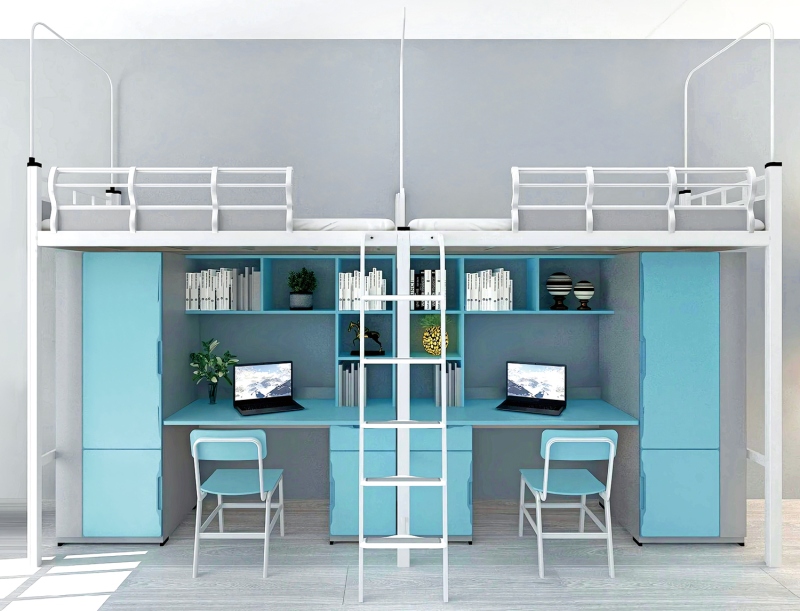 GZC-10 二连体二人位公寓床-侧爬梯-木制床下柜