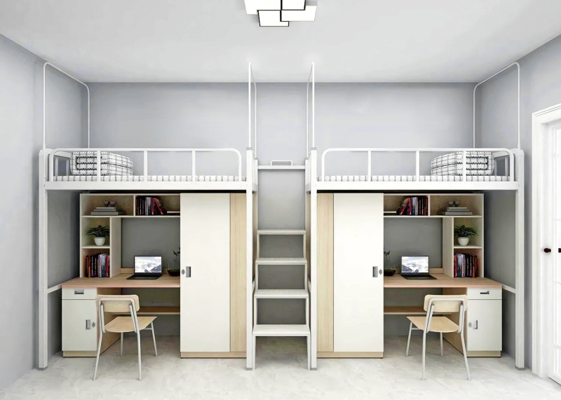 GZC-11 二连体二人位公寓床-中步梯-木制床下柜