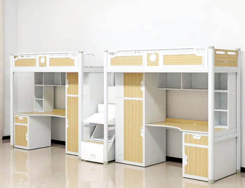 GZC-12 二连体二人位公寓床-中步梯-木制床下柜