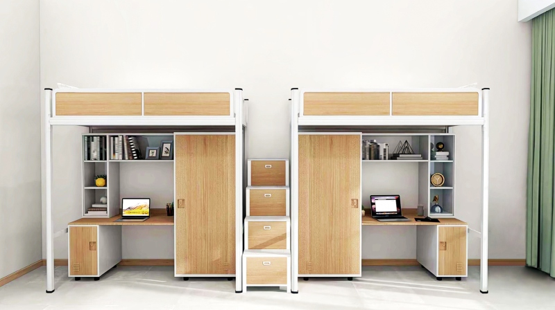 GZC-13 二连体二人位公寓床-中步梯-钢制床下柜