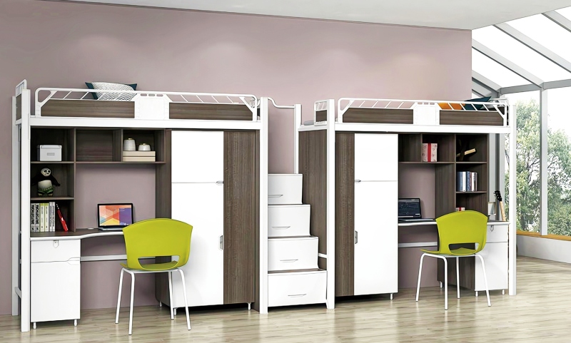 GZC-14 二连体二人位公寓床-中步梯-木制床下柜