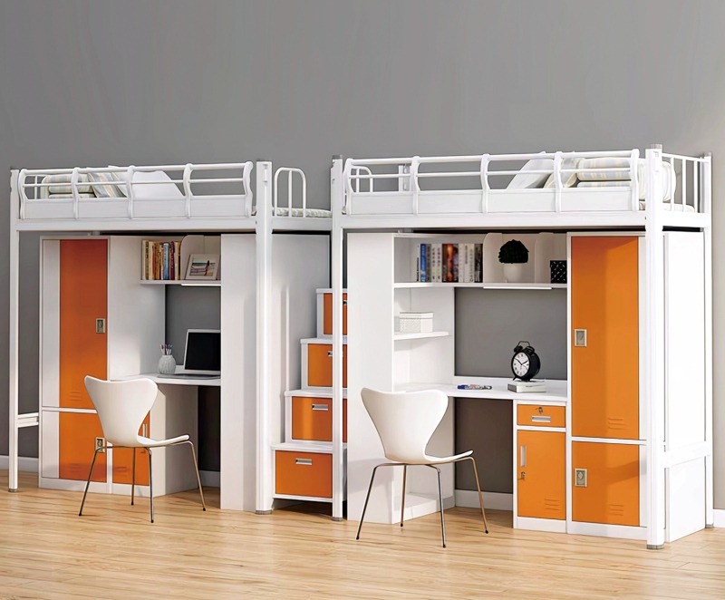 GZC-15 二连体二人位公寓床-中步梯-钢制床下柜