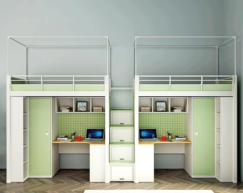 GZC-16 二连体二人位公寓床-中步梯-钢制床下柜