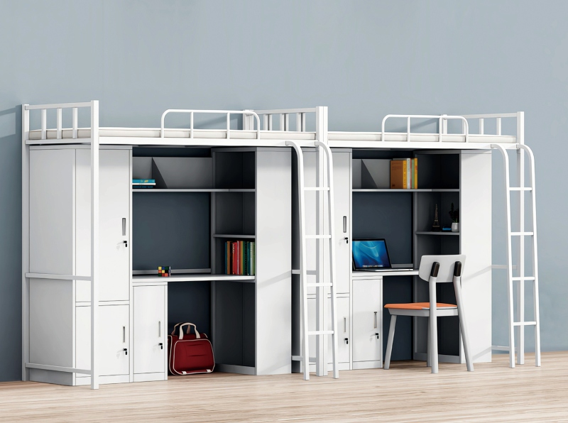 GZC-17 二连体二人位公寓床-侧爬梯-钢制床下柜