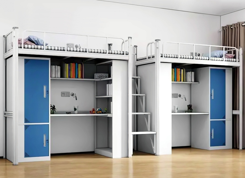 GZC-18 二连体二人位公寓床-中步梯-钢制床下柜