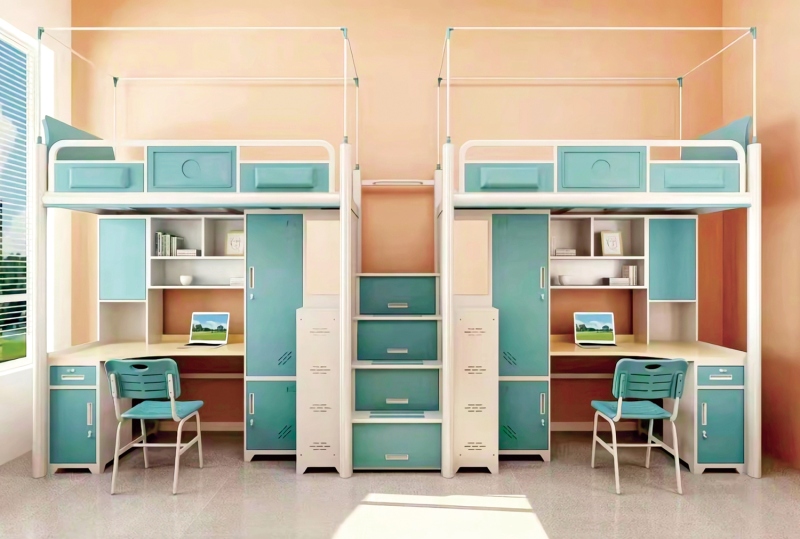 GZC-19 二连体二人位公寓床-中步梯-钢制床下柜