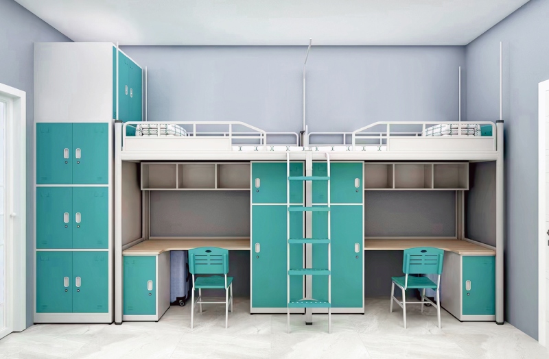 GZC-20 二连体二人位公寓床-侧爬梯-钢制床下柜