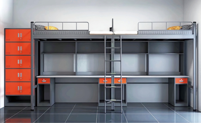 GZC-21 二连体二人位公寓床-侧爬梯-钢制床下柜