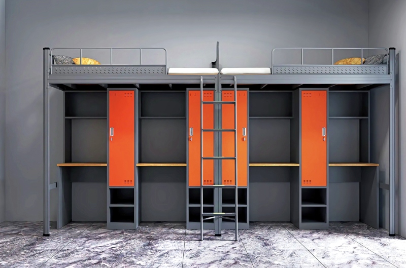 GZC-22 二连体二人位公寓床-侧爬梯-钢制床下柜