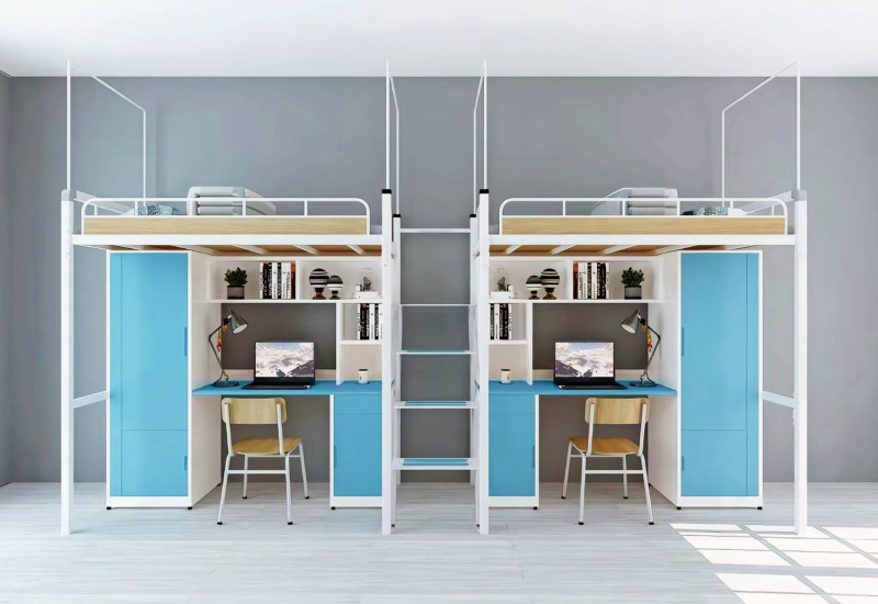 GZC-23 二连体二人位公寓床-中步梯-钢制床下柜