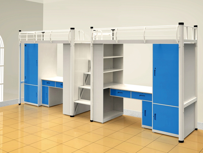 GZC-24 二连体二人位公寓床-中步梯-钢制床下柜