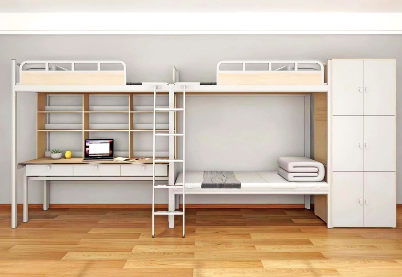 GZC-26 二连体三人位公寓床-侧爬梯-木制床下柜