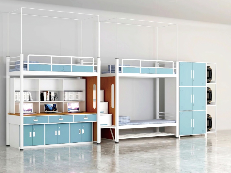 GZC-29 二连体三人位公寓床-中步梯-钢制床下柜