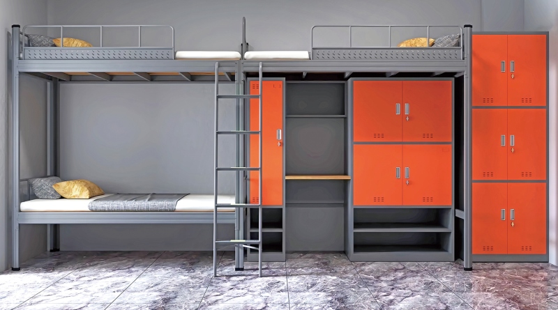 GZC-31 二连体三人位公寓床-侧爬梯-钢制床下柜