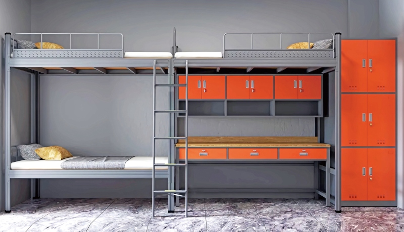 GZC-32 二连体三人位公寓床-侧爬梯-钢制床下柜