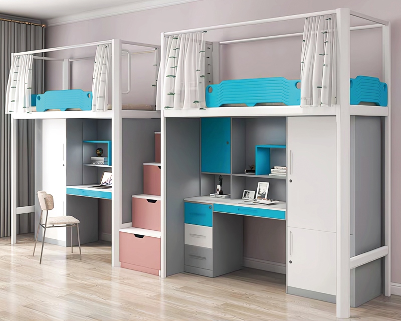 GZC-33 二连体二人位公寓床-中步梯-钢制床下柜