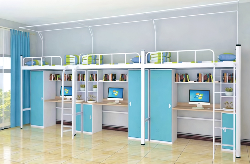 GZC-40 三连体三人位公寓床-侧爬梯-钢制床下柜