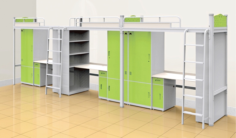 GZC-41 三连体三人位公寓床-侧爬梯-钢制床下柜