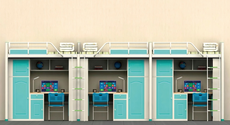 GZC-42 三连体三人位公寓床-侧爬梯-钢制床下柜