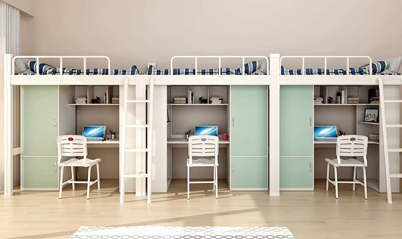 GZC-43 三连体三人位公寓床-侧爬梯-钢制床下柜