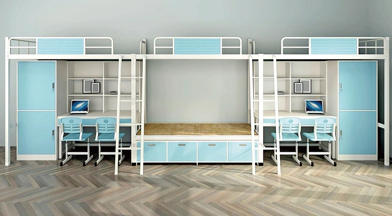 GZC-45 三连体四人位公寓床-侧爬梯-钢制床下柜